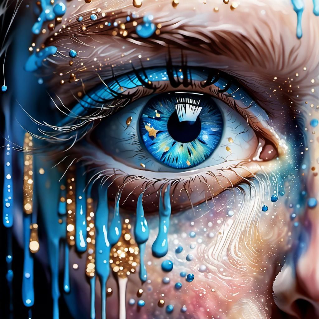 Crying Blue Eye in Watercolor with Golden Sparkles