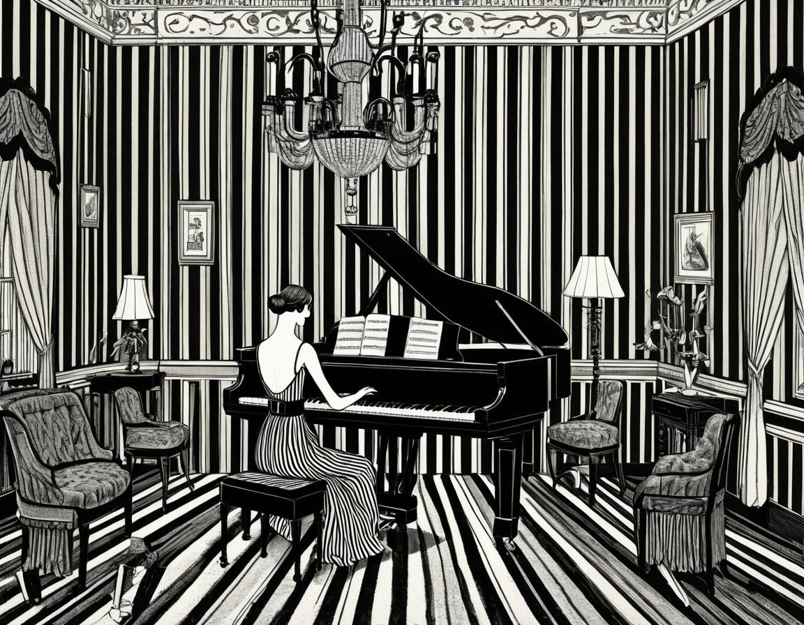 Art Deco Woman at Piano in Gorey Style