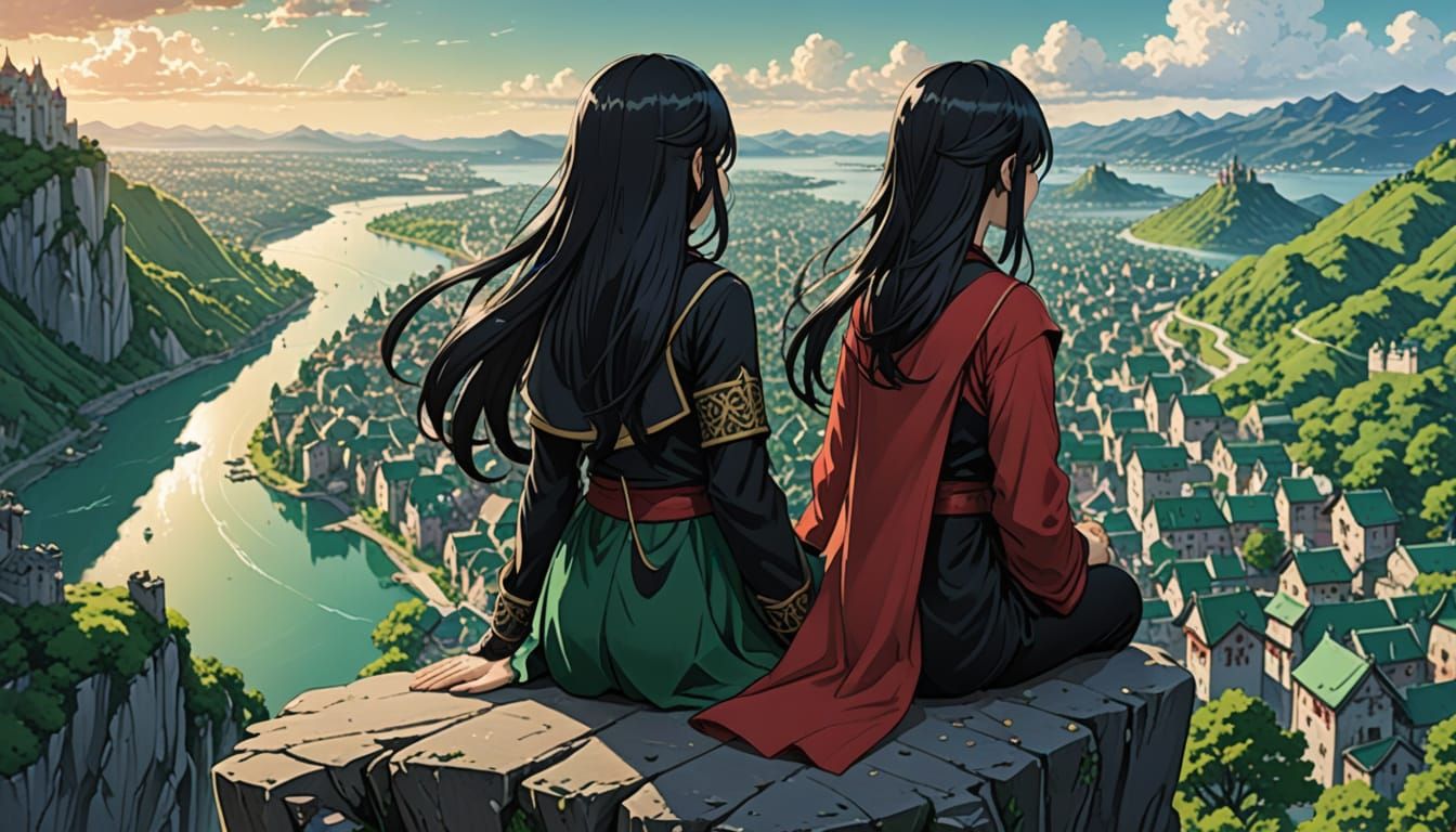 Woman Overlooking Emerald City in Anime Style