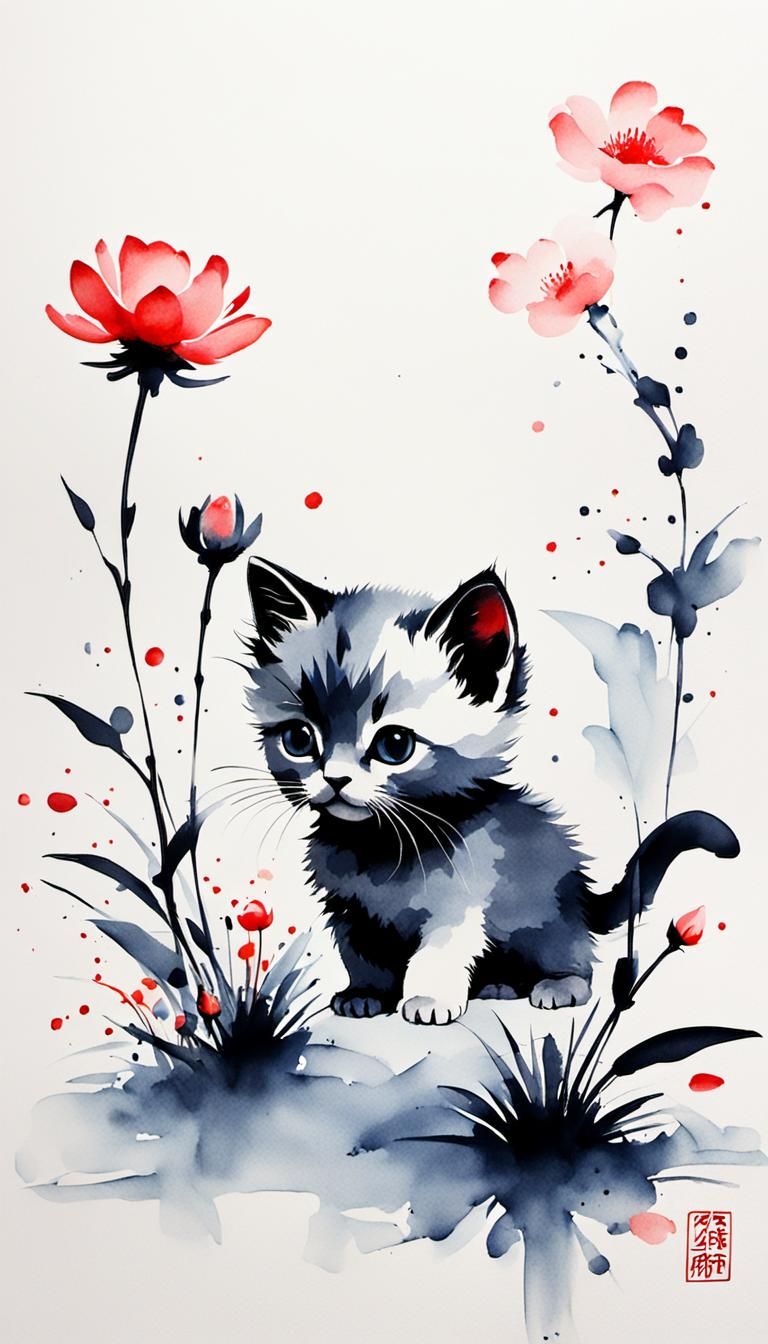 Minimalist Chinese Ink Painting of Kitten with Flower