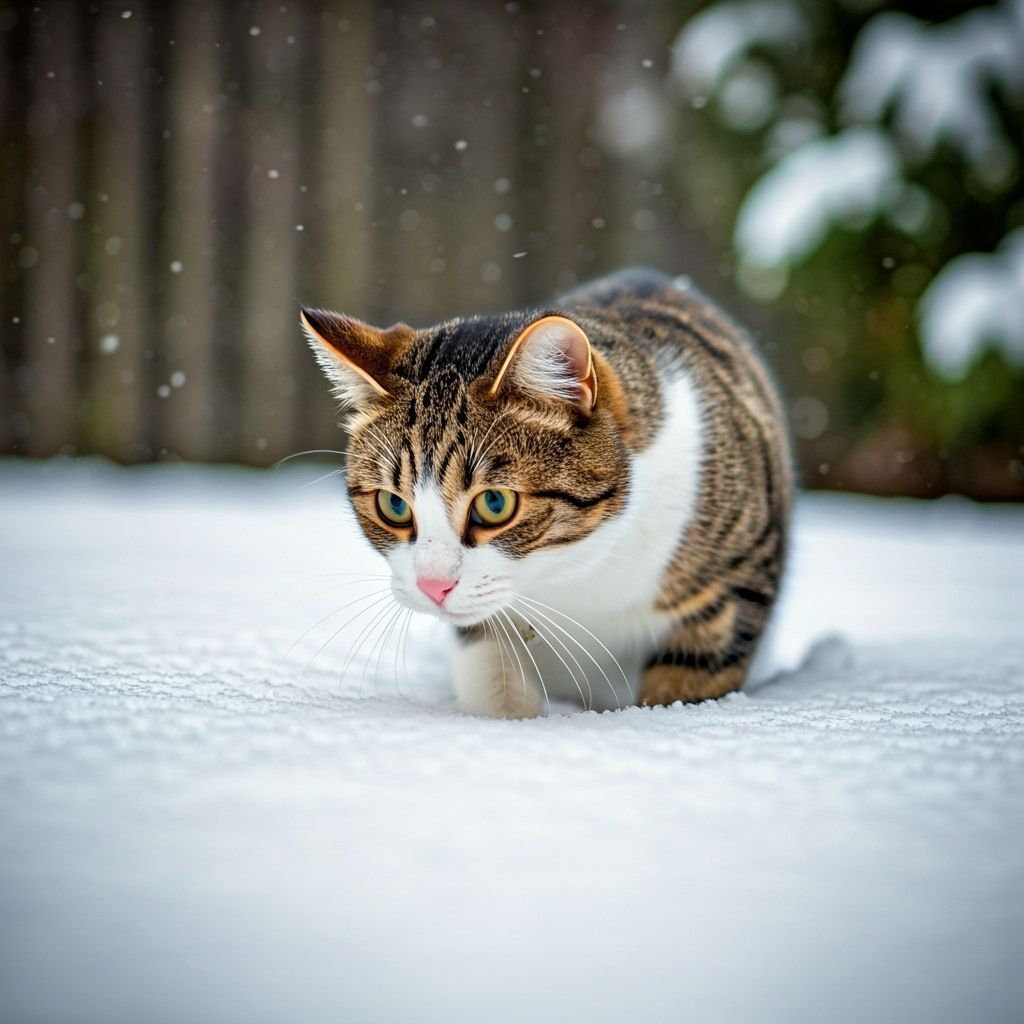 Tabby Cat Wades Through Deep Snow in Garden