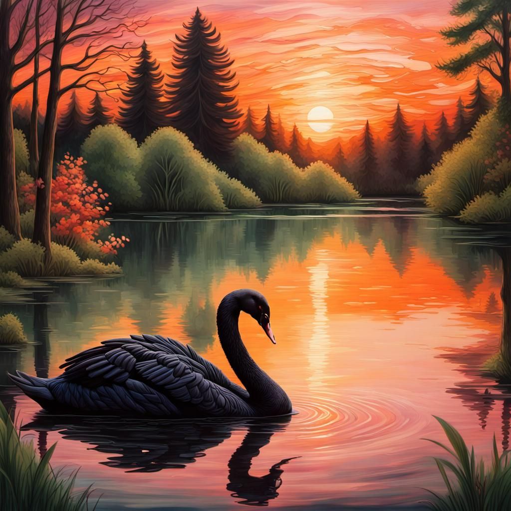 Black Swan on Lake at Sunset in Pyrography Style