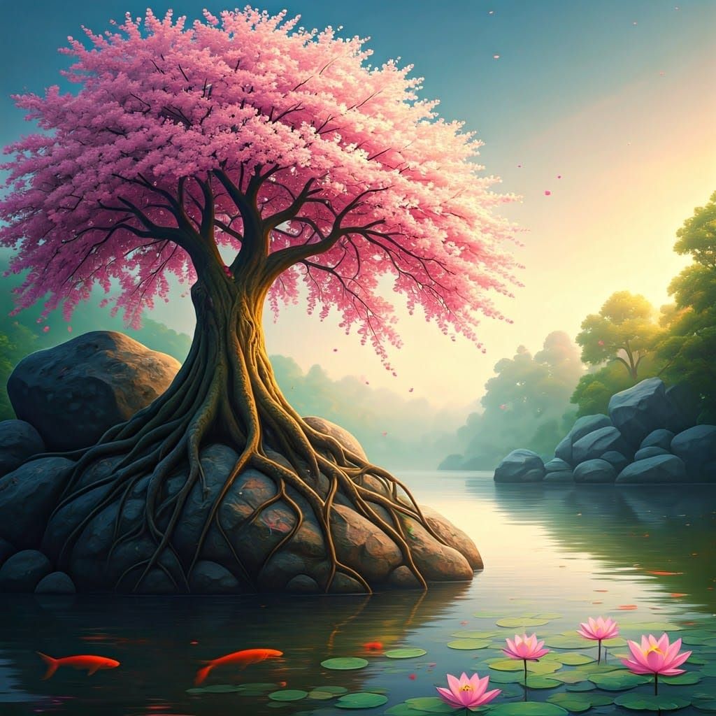 Surreal Cherry Blossom Tree Roots by Lake