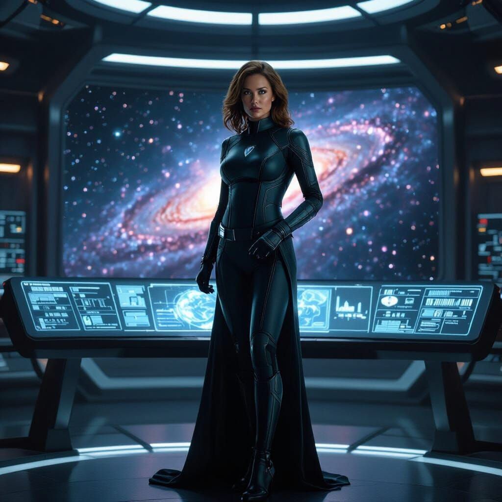 Pregnant Superheroine in Futuristic Command Center