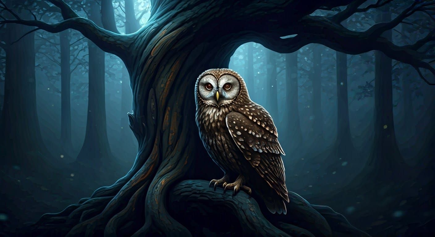 Ethereal Owl in Blue Night Forest