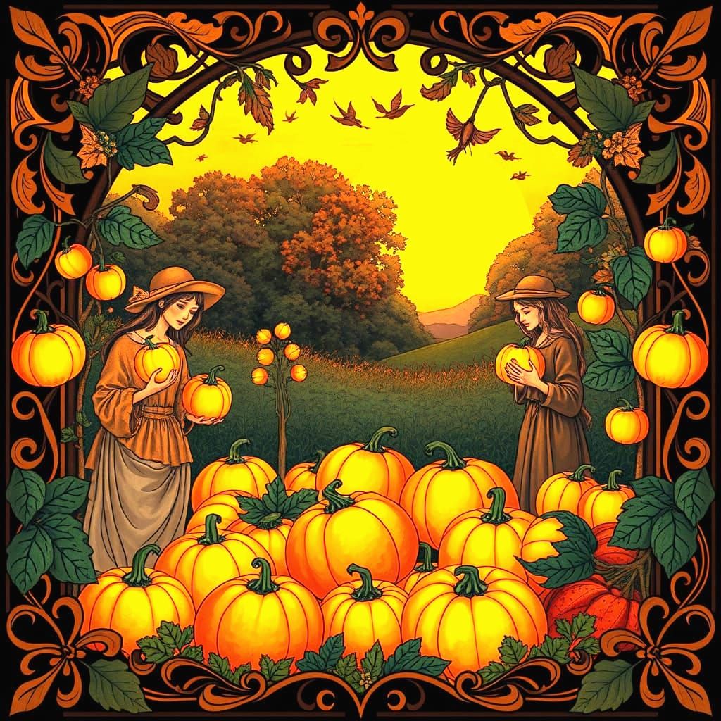 Art Nouveau Autumn Harvest Festival With Glowing Pumpkins