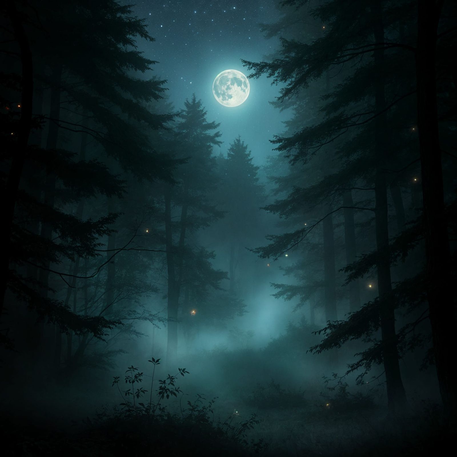 Mysterious Foggy Forest at Night Under Stars