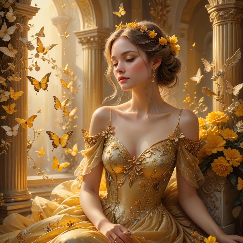 Ethereal Woman in Golden Gown with Butterflies