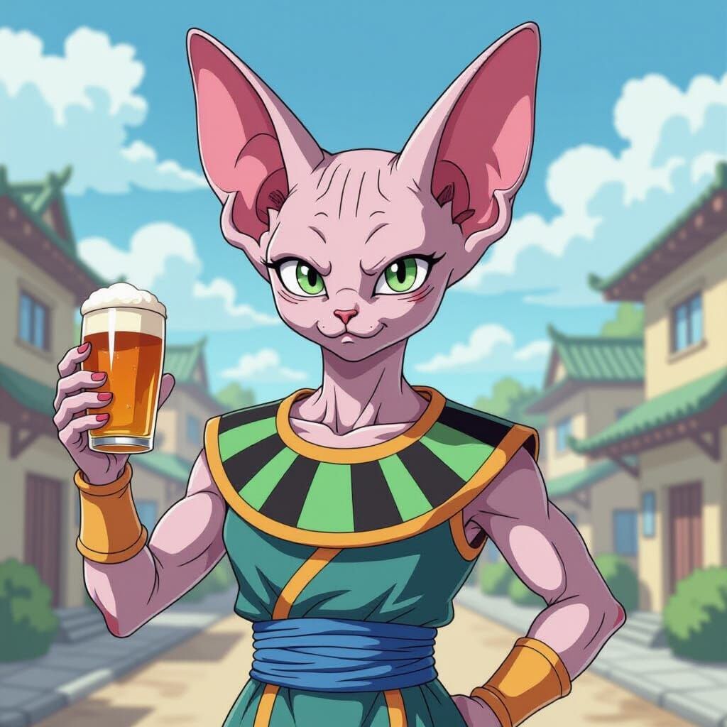 Beerus as Sphynx Cat: Cel-Shaded Anime Art