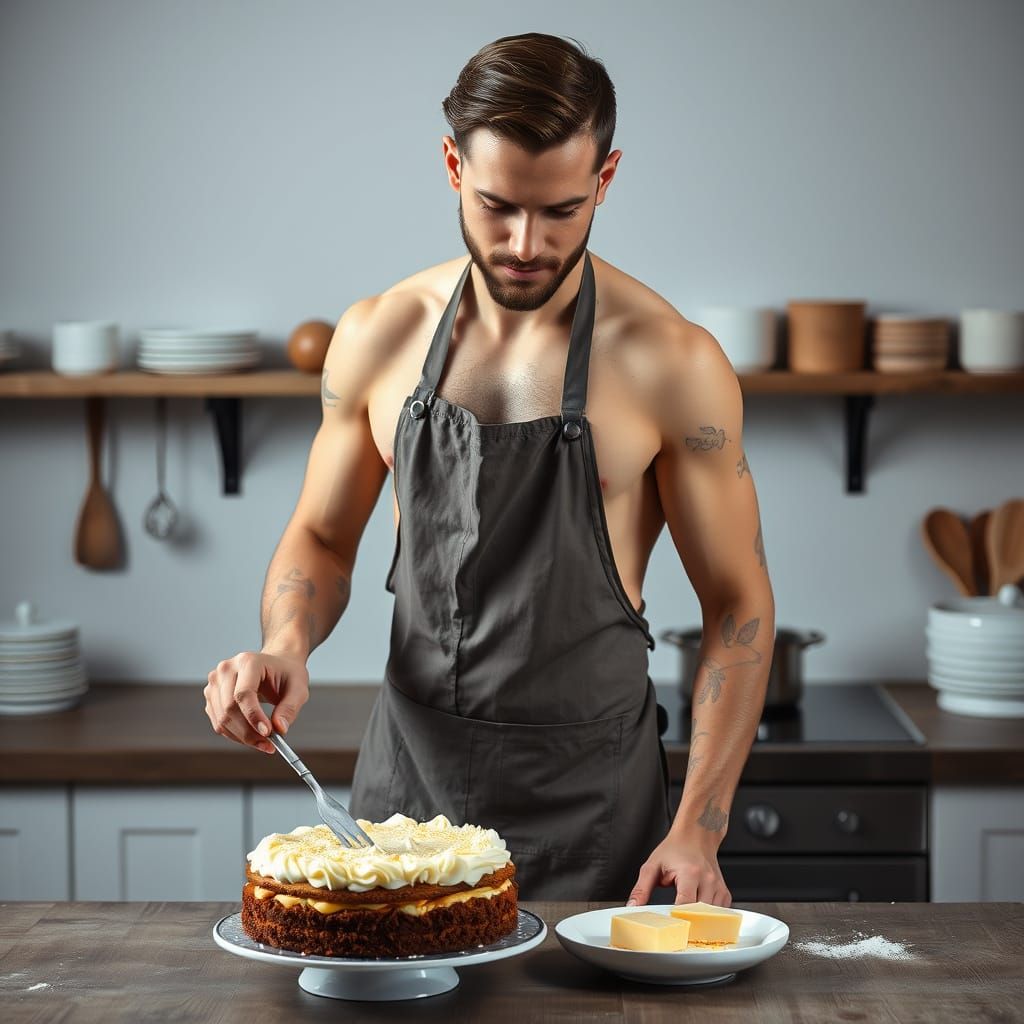 Naked Trainer Baking Cake in Apron