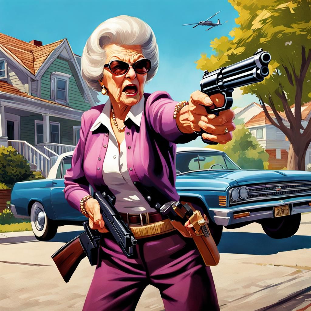 Furious Gun-Wielding Granny in GTA Art Style
