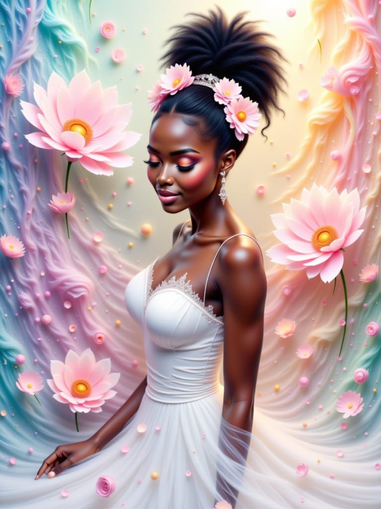 Black Woman with Flowers in Impressionist Dreamscape