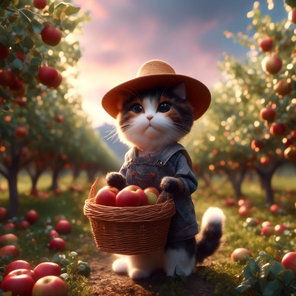 Calico Cat Gardener in Apple Orchard