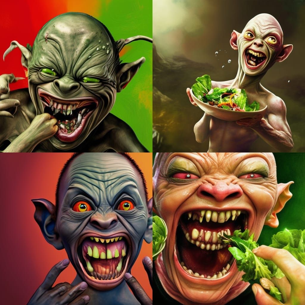 Gollum Laughing Eating Salad in Hyperrealism