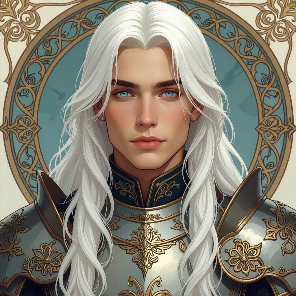Medieval Knight with Flowing Hair, Alphonse Mucha Style