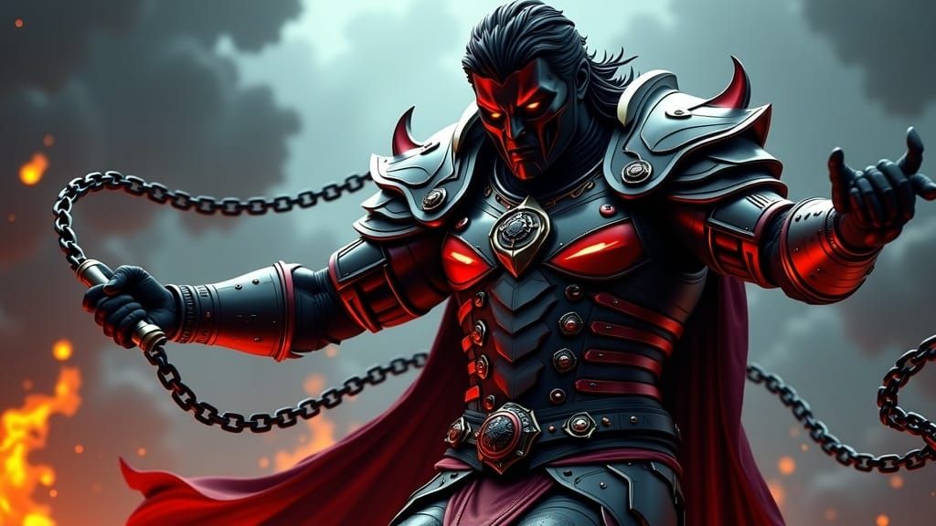 Imposing Demigod with Chained Whip in Dark Fantasy Style