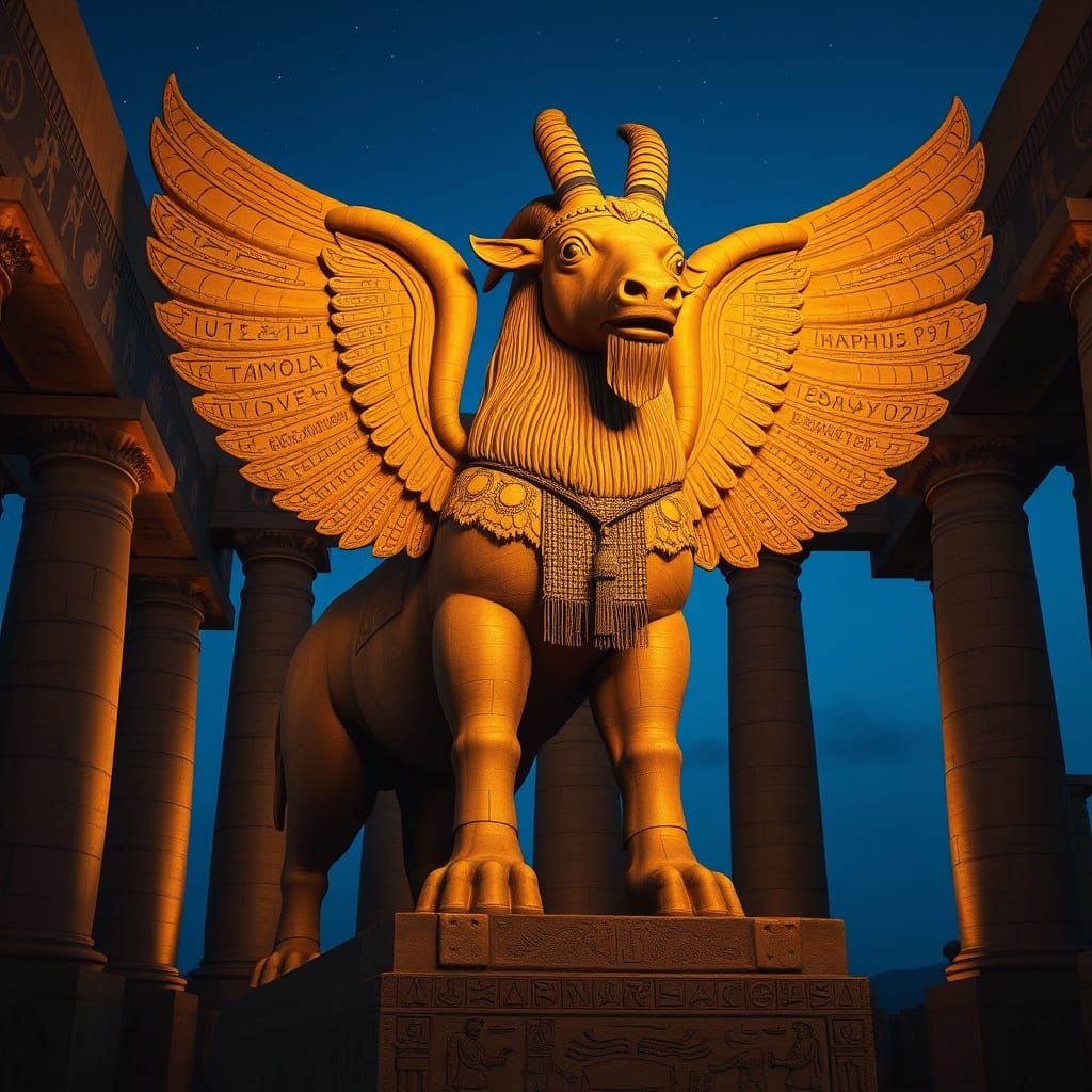Majestic Winged Bull in Assyrian Temple