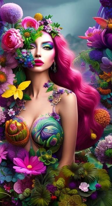 Mutant Flower Goddess Portrait in Psychedelic Style