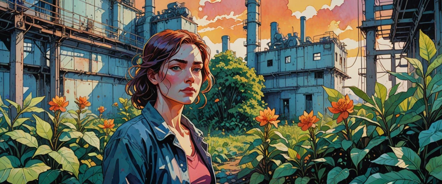 Abandoned Factory Oasis in Vibrant Watercolor Comic Style