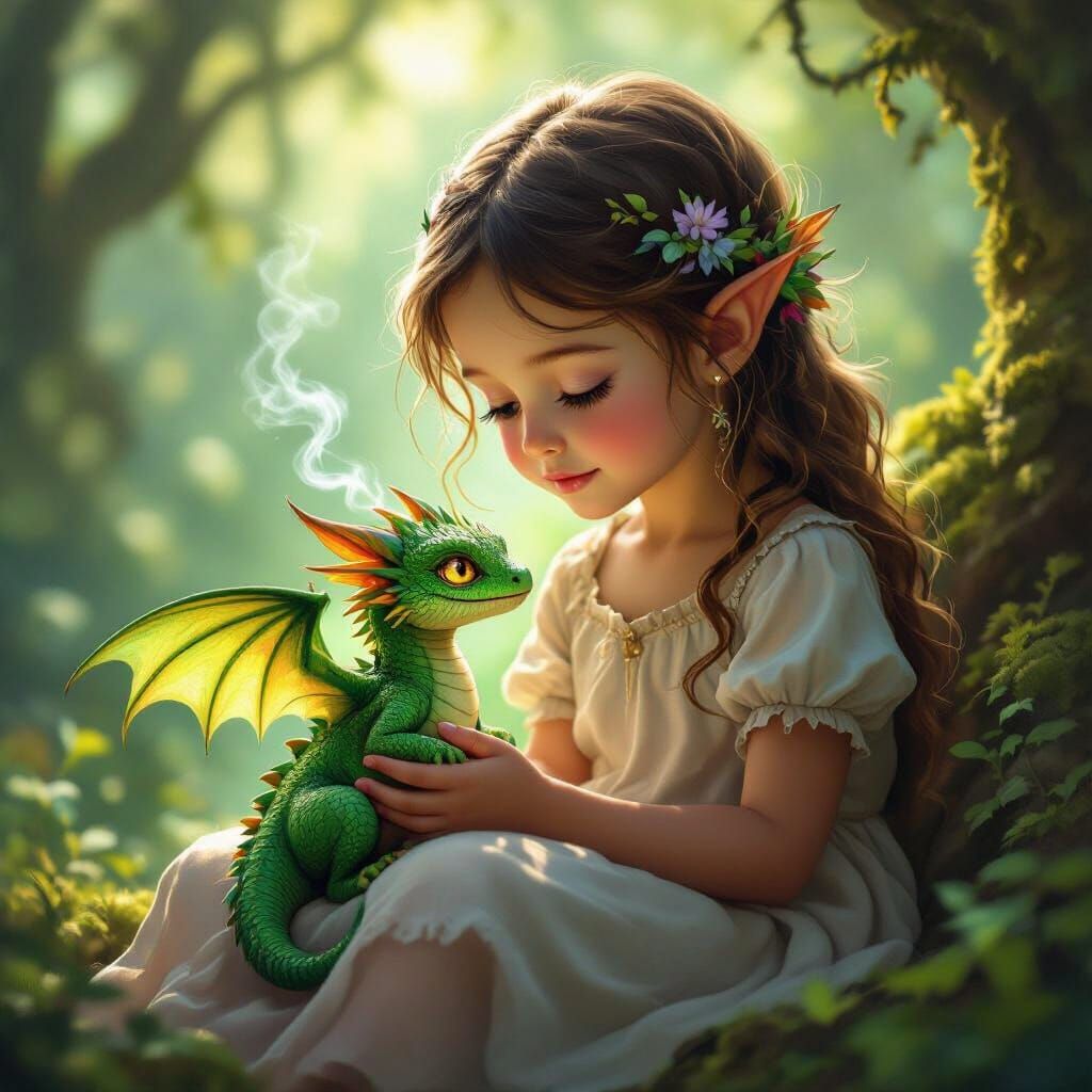 Girl Cradles Tiny Dragon in Enchanted Forest