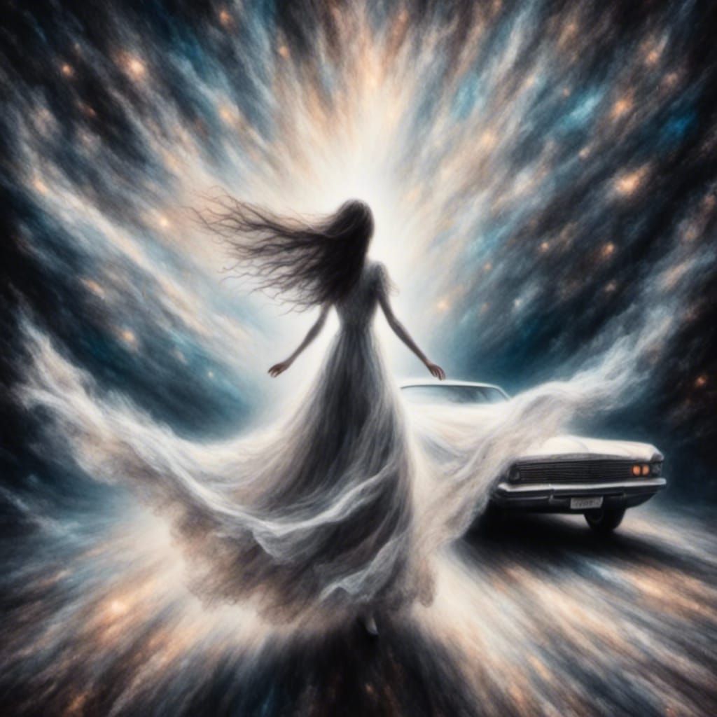 Ethereal Woman in White Dress on Night Road