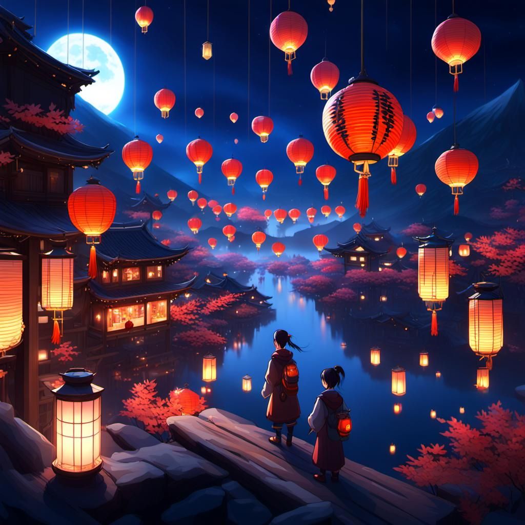 Lantern-lit Vistas: Anime-Inspired 3D Art