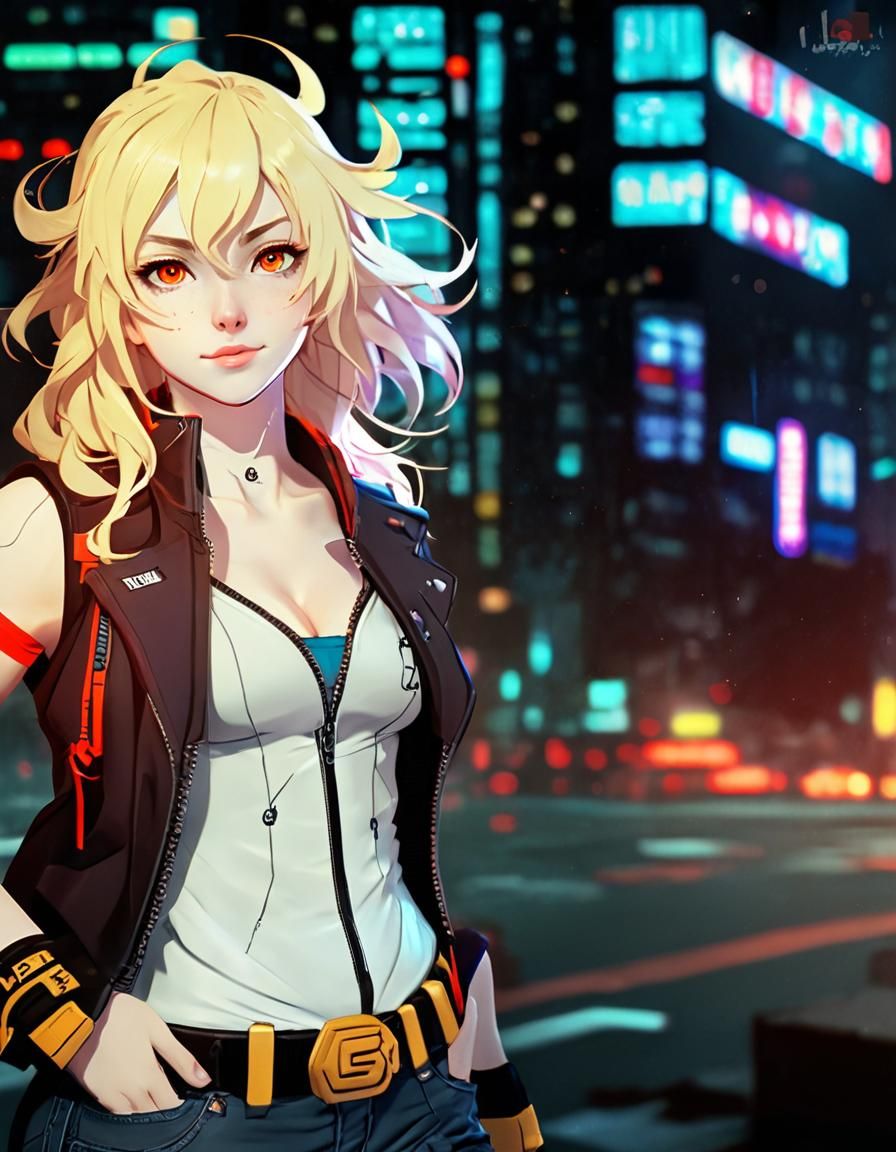 perfect mix of [Yang Xiao Long, molly millions] in a cyberpunk city, messy Blonde hair, gorgeous detailed Red eyes, beau...