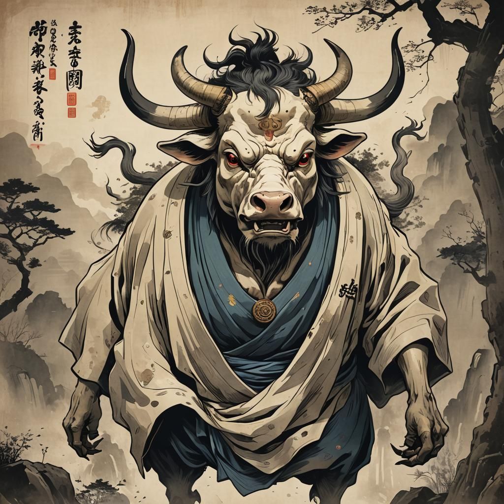 Gozu is an evil spirit with the appearance of a cow head wit...