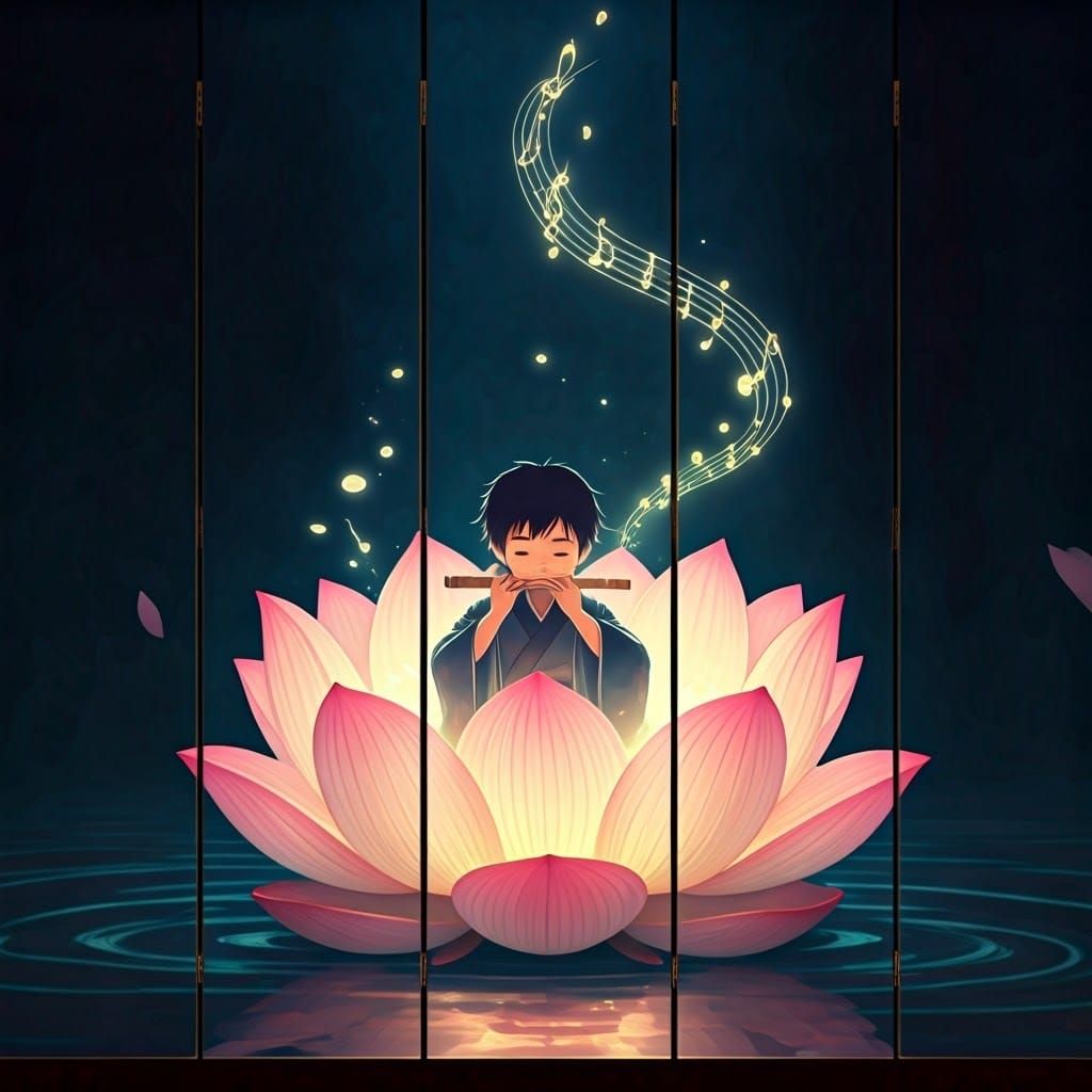 Boy in Lotus on Folding Screen, Anime Style