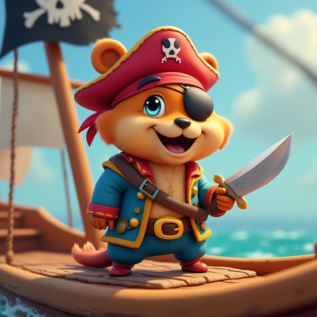 Beaver Pirate on Ship in Pixar Cartoon Style