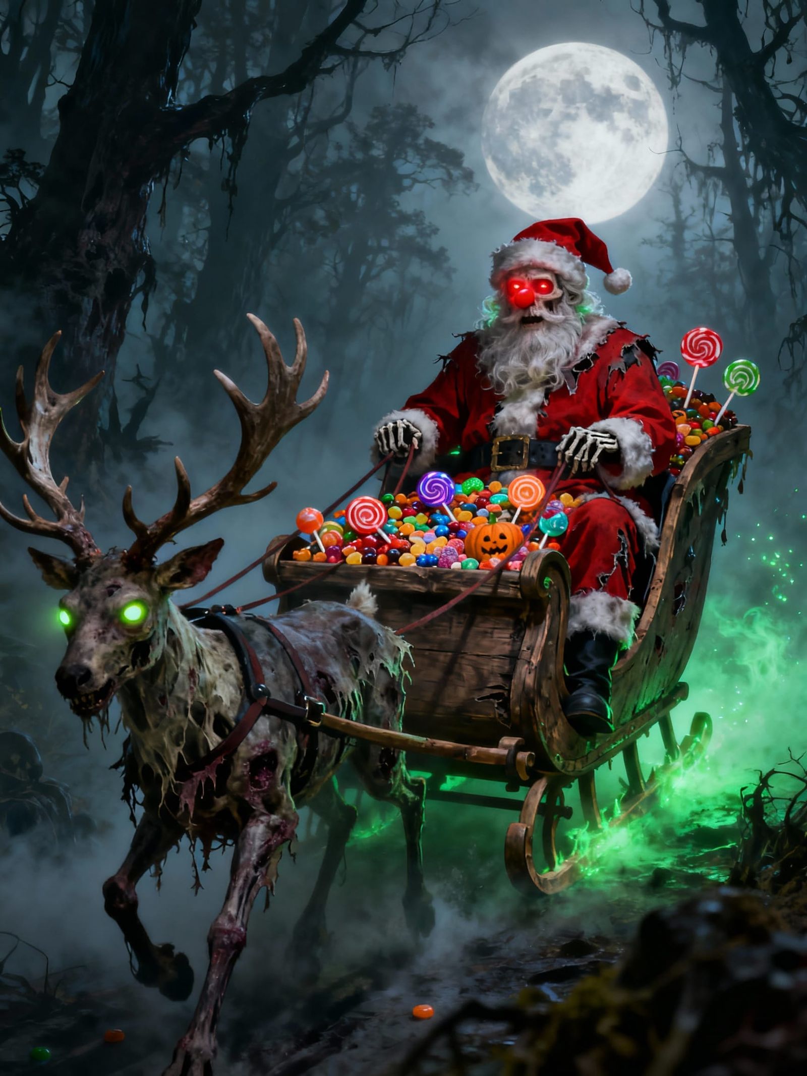 Skeletal Santa Rides Spooky Halloween Sleigh