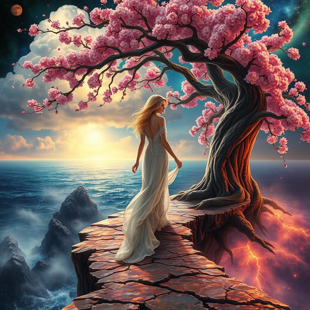 Cosmic Dreamscape: Blond Woman on Celestial Path