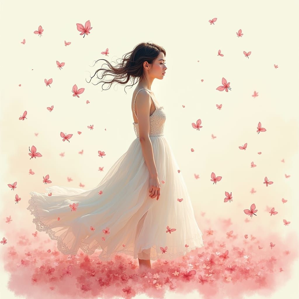 Melancholic Woman Amidst Cherry Blossoms in Watercolor Style
