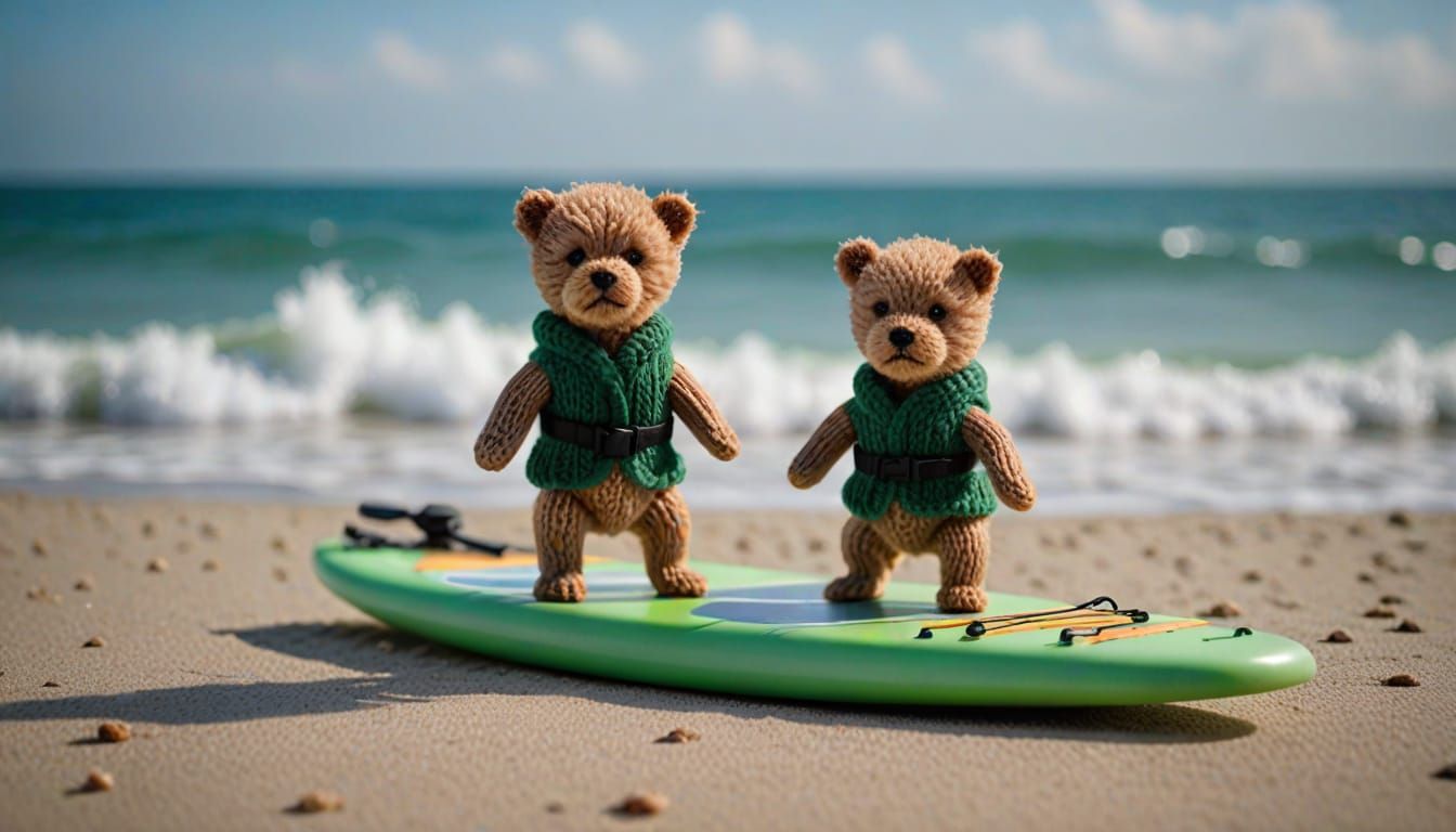 Knitted Baby Bears on Paddleboard, Professional Photography