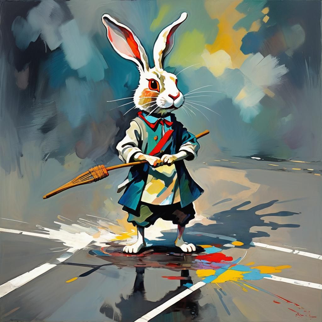 Rabbit on the Road in Expressionist Art Style