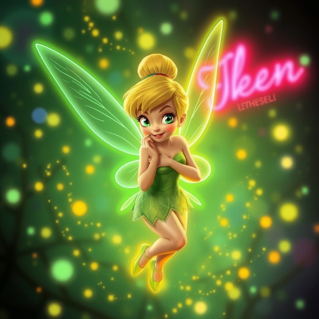 tinkerbell using Neon Sign Puntillism. Utilize glowing particles of neon green and neon yellow to form the image, remini...