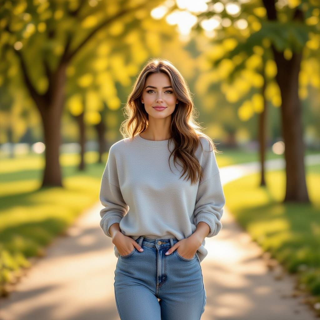 Woman Walking in Golden Park Light