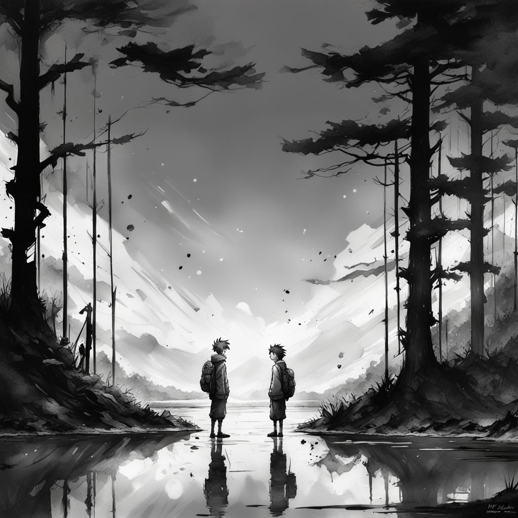 Anime Calvin and Hobbes Portrait in Watercolor Style