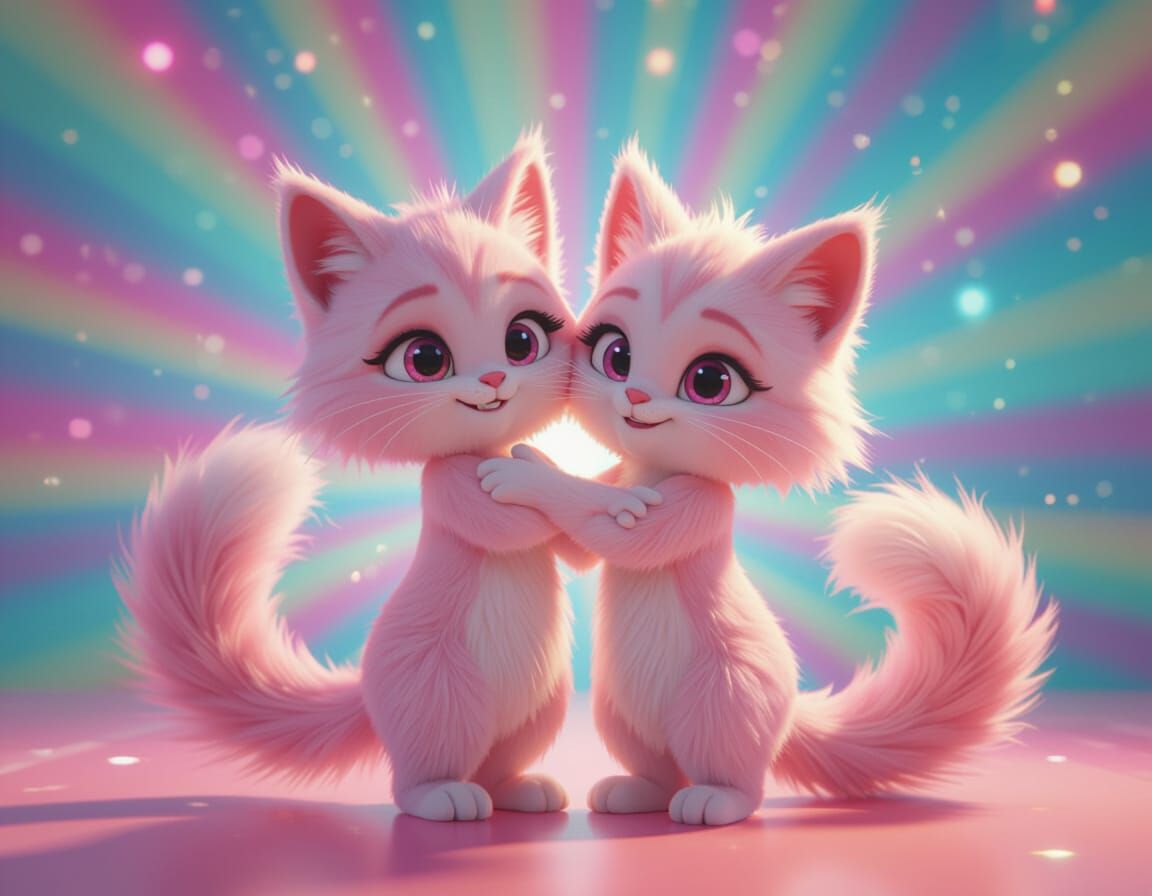 Twin Pink Furry Catgirls Embrace in 3D Render