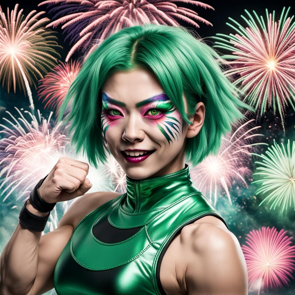 Ecstatic Punk Wrestler Celebrates Victory in Fireworks