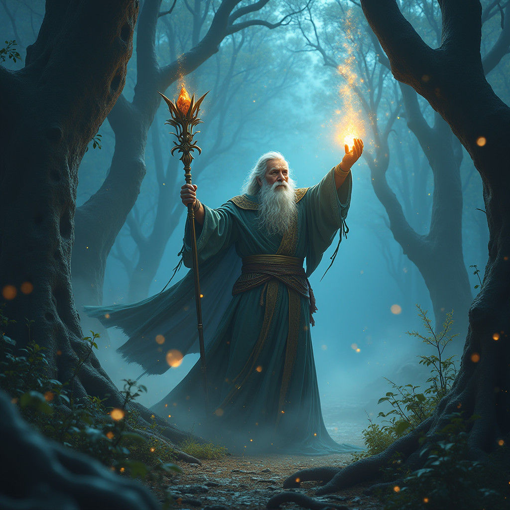 Mystical Wizard Casting Spell in Enchanted Forest