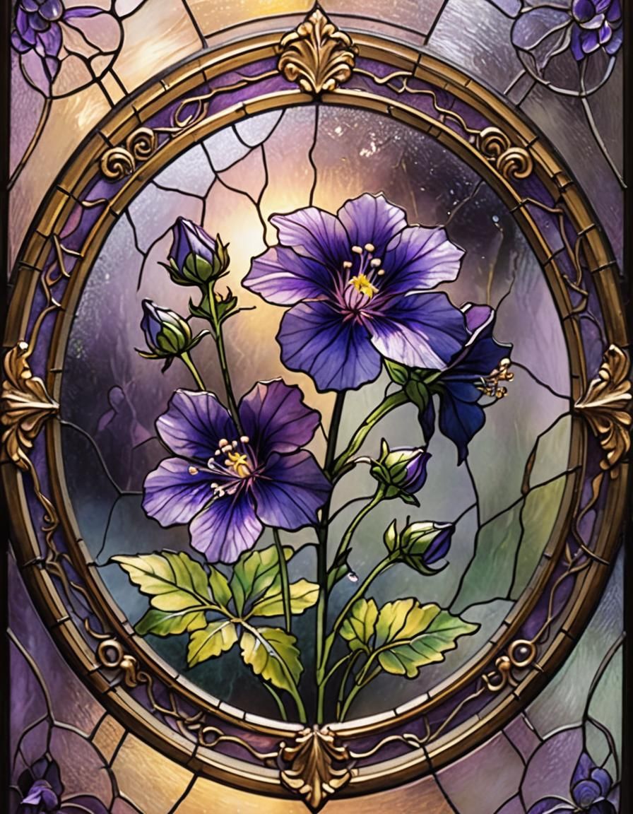 Ethereal Stained Glass Flower in Round Frame