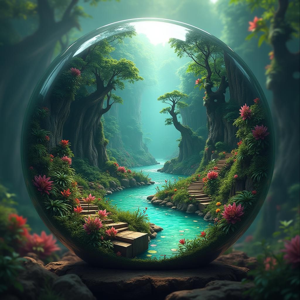 Magical Rainforest in Crystal Globe, Digital Art
