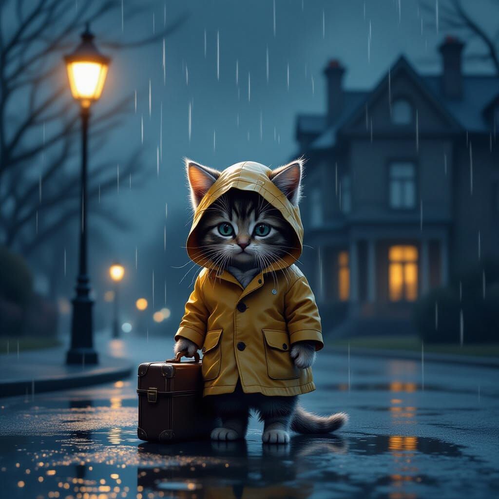 Sad Kitten on Rainy Street, Digital Art