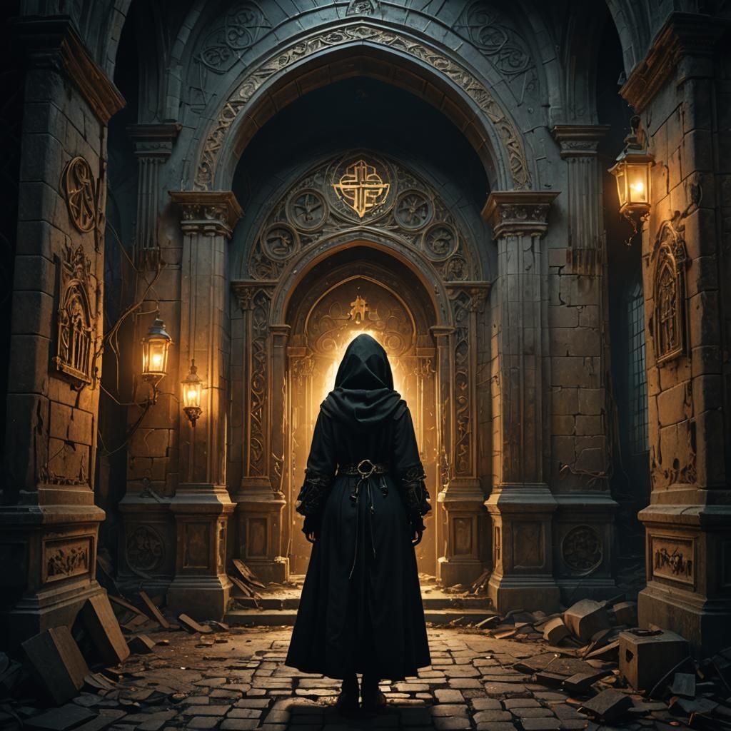 Eerie Woman in Abandoned Church: Dark Fantasy Art