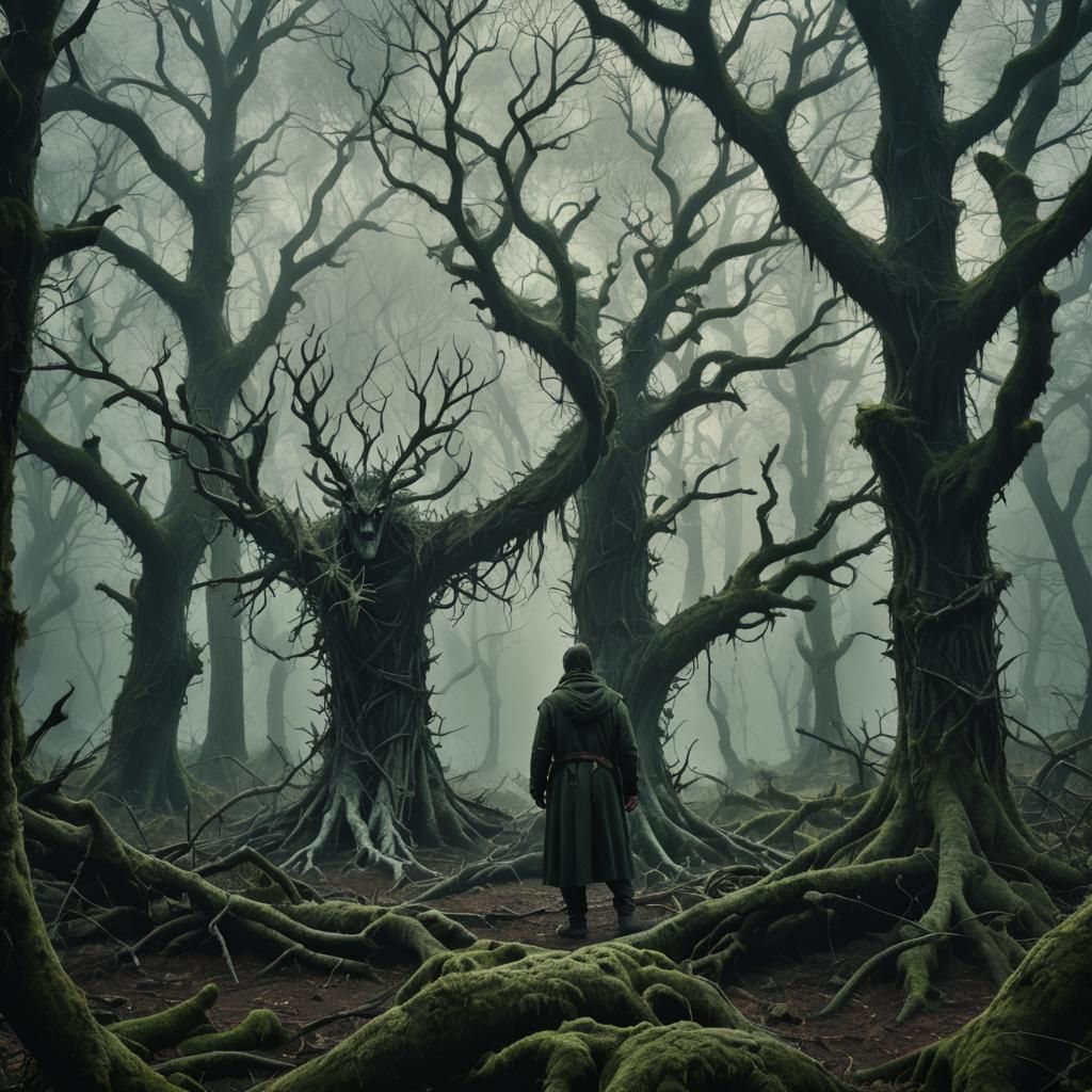 Foreboding Forest Traveler in Cinematic Style