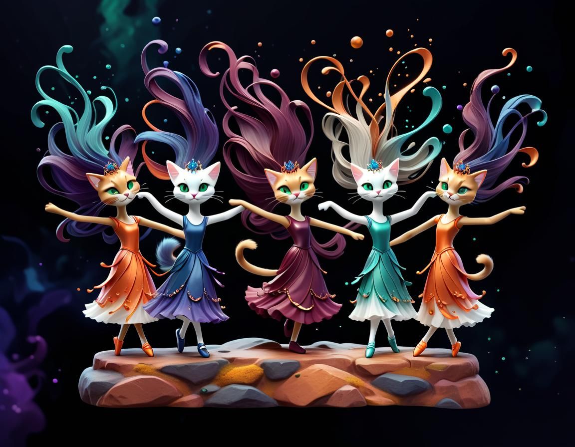 5 ecstatic cat stick figures with wild, flowing long hair an...