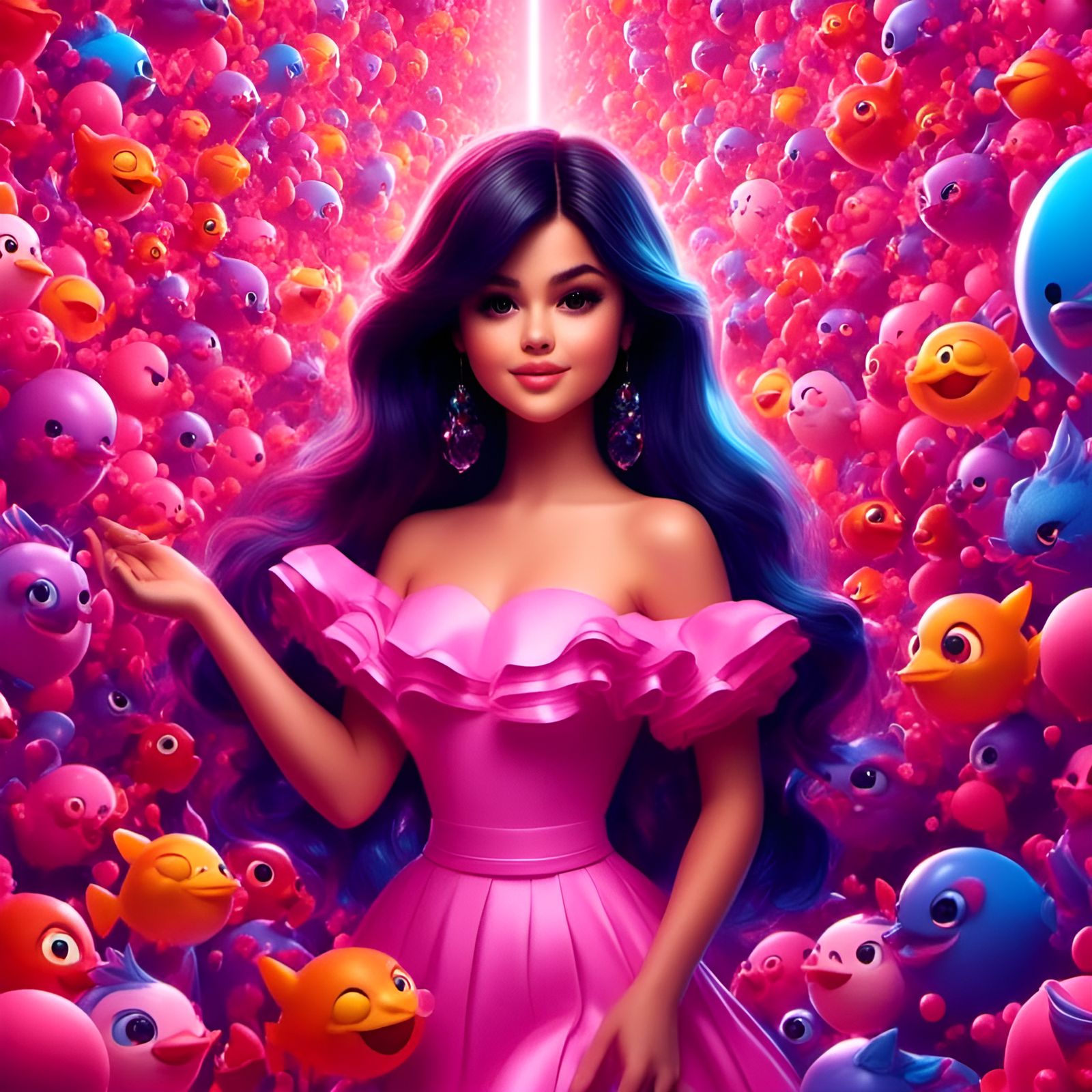 Cartoon Selena Gomez Portrait with Fun Background