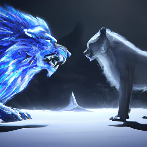 Frost Wolf and Electric Lion Confrontation in Dark Fantasy