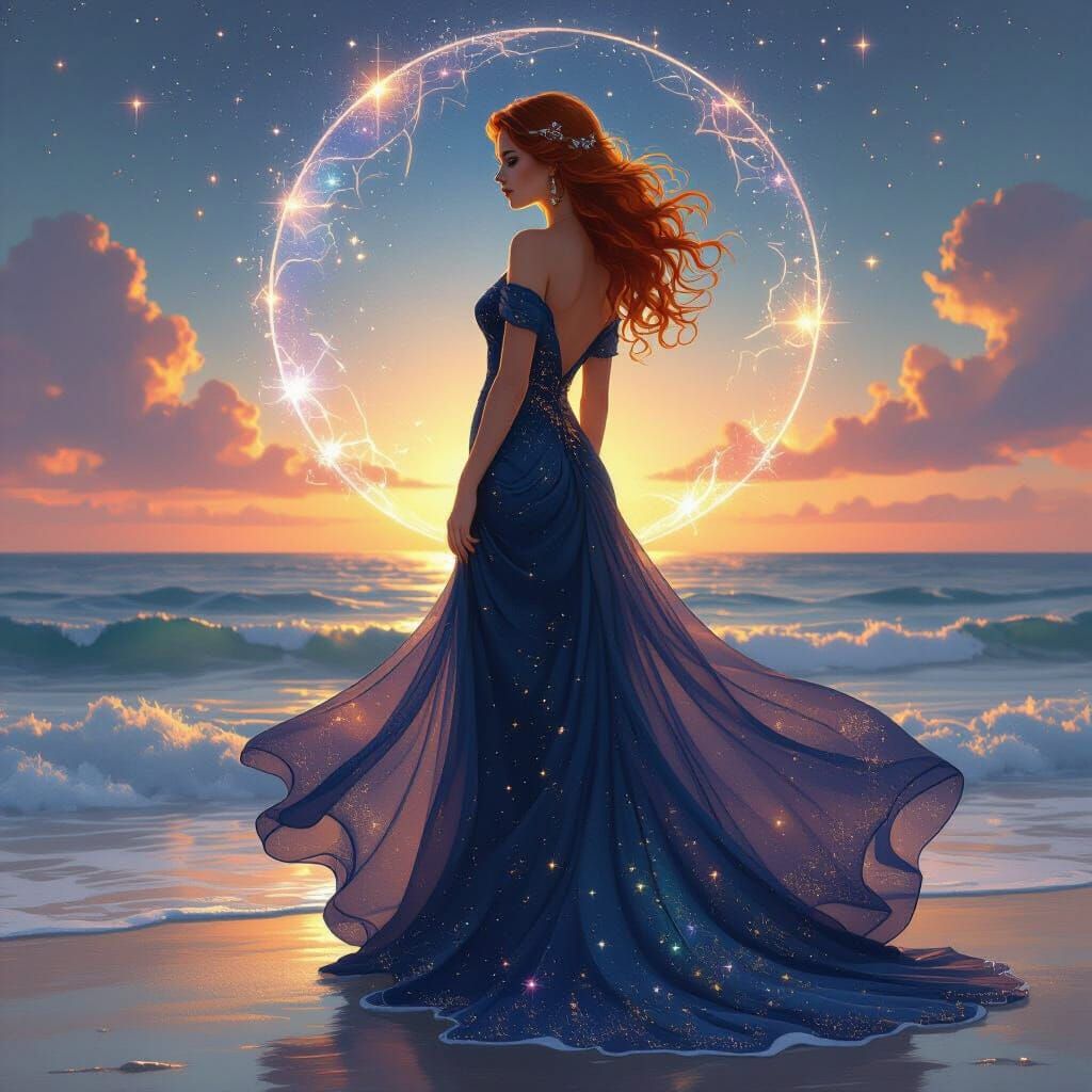 Celestial Woman at Ocean's Edge in Art Nouveau Style